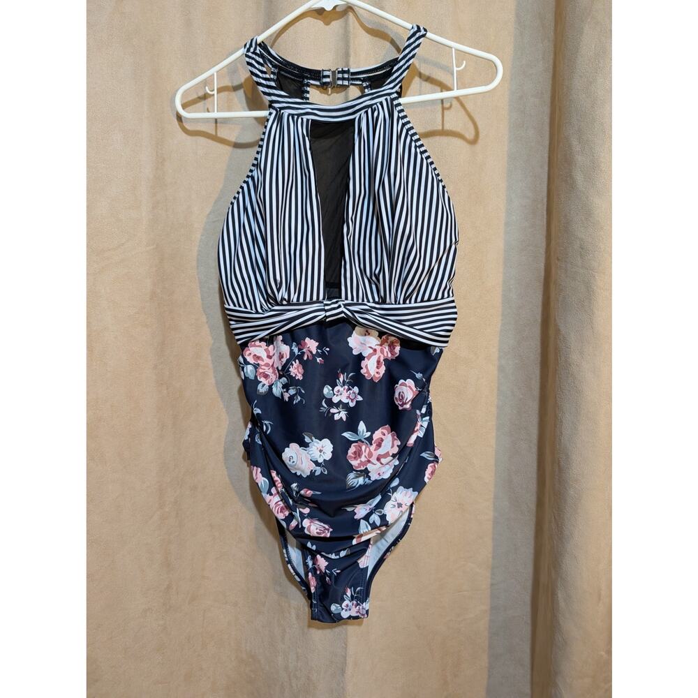 Navy Blue Medium Striped Pink Floral Swimsuit Mesh Inset